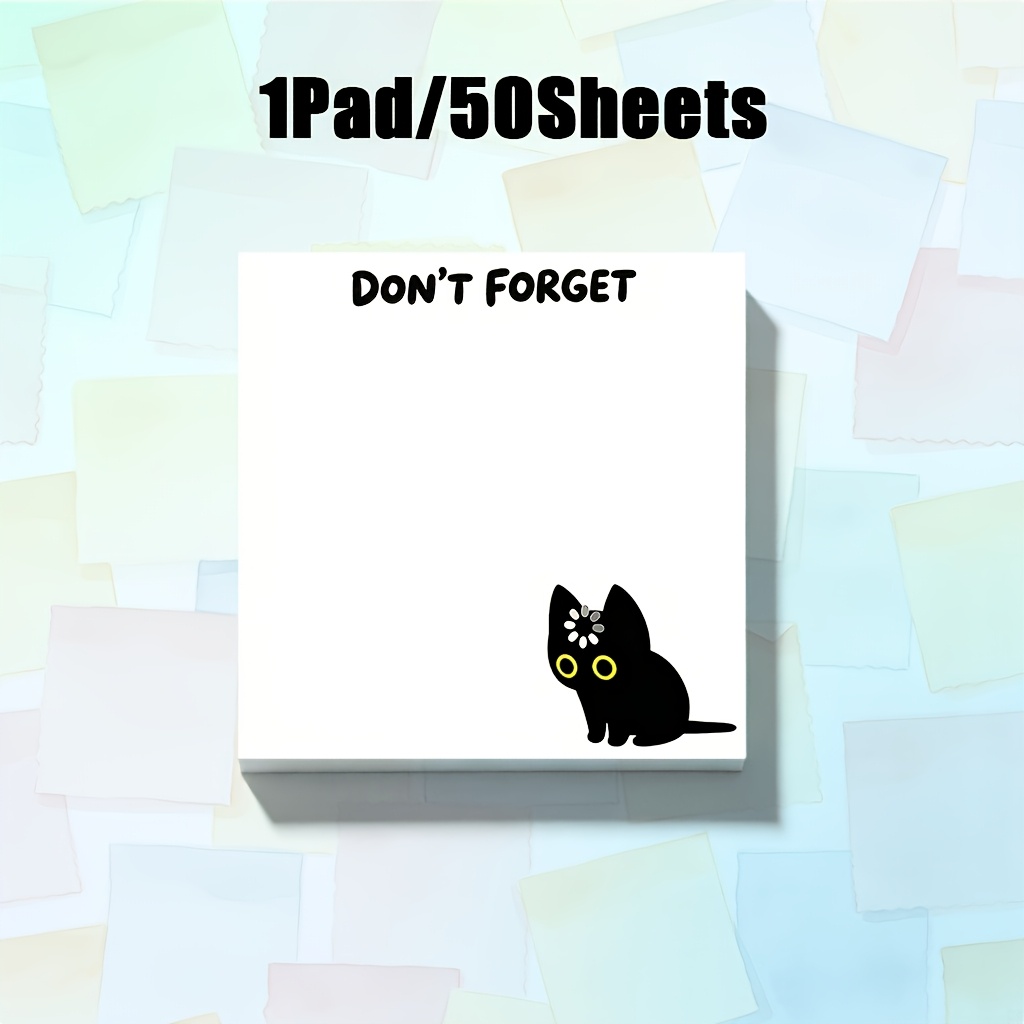 TEMU 1pc/50 Sheets Cute Black Cat Sticky Notes, "" Reminder Pads, 7.5cm Square Cartoon Self-adhesive Notes, Humorous Desktop Decoration Stickers,