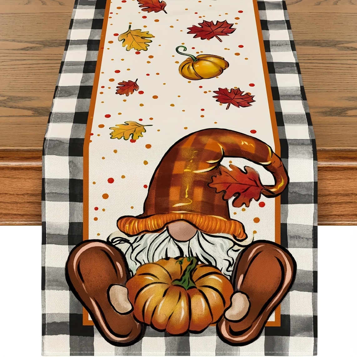 

Jit Buffalo Plaid Gnome Pumpkin Maple Leaves Linen Table Runner, Woven Rectangle Fall Table Decoration For Home Party Indoor Outdoor, 13-inch Width - Available In 48/72/108 Inch Lengths