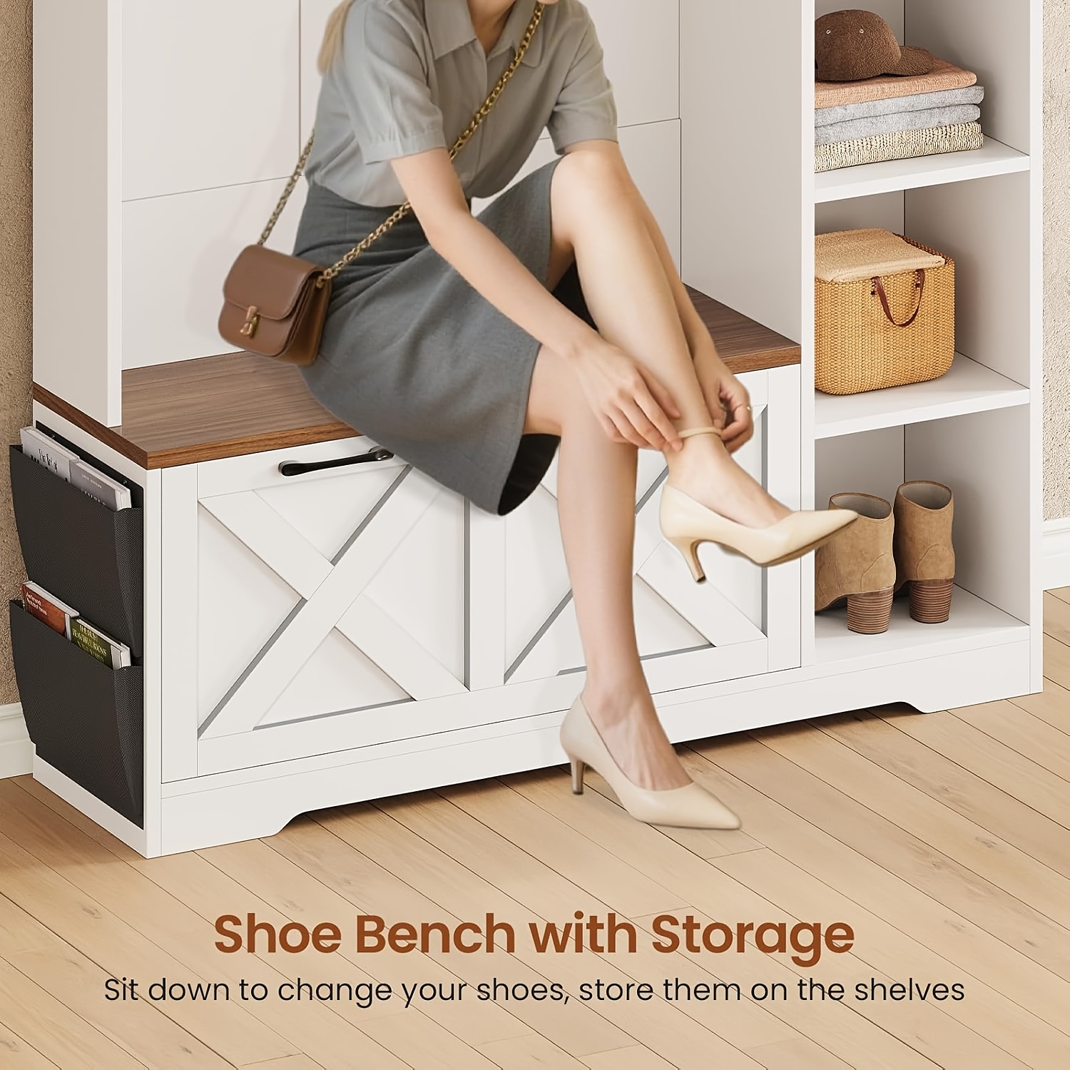 Farmhouse Entryway Organizer with Bench & Shoe Cabinet - 7 Shelves, 10 Hooks, LED Lighting, USB-Powered, White Engineered Wood Storage for Hallway, Living Room, Bedroom - Easy Assembly, No Tools Needed, Entryway Storage, Rustic Charm, Durable Construction, Home Organization, Minimalist Design, Sturdy Construction, Home Decorators