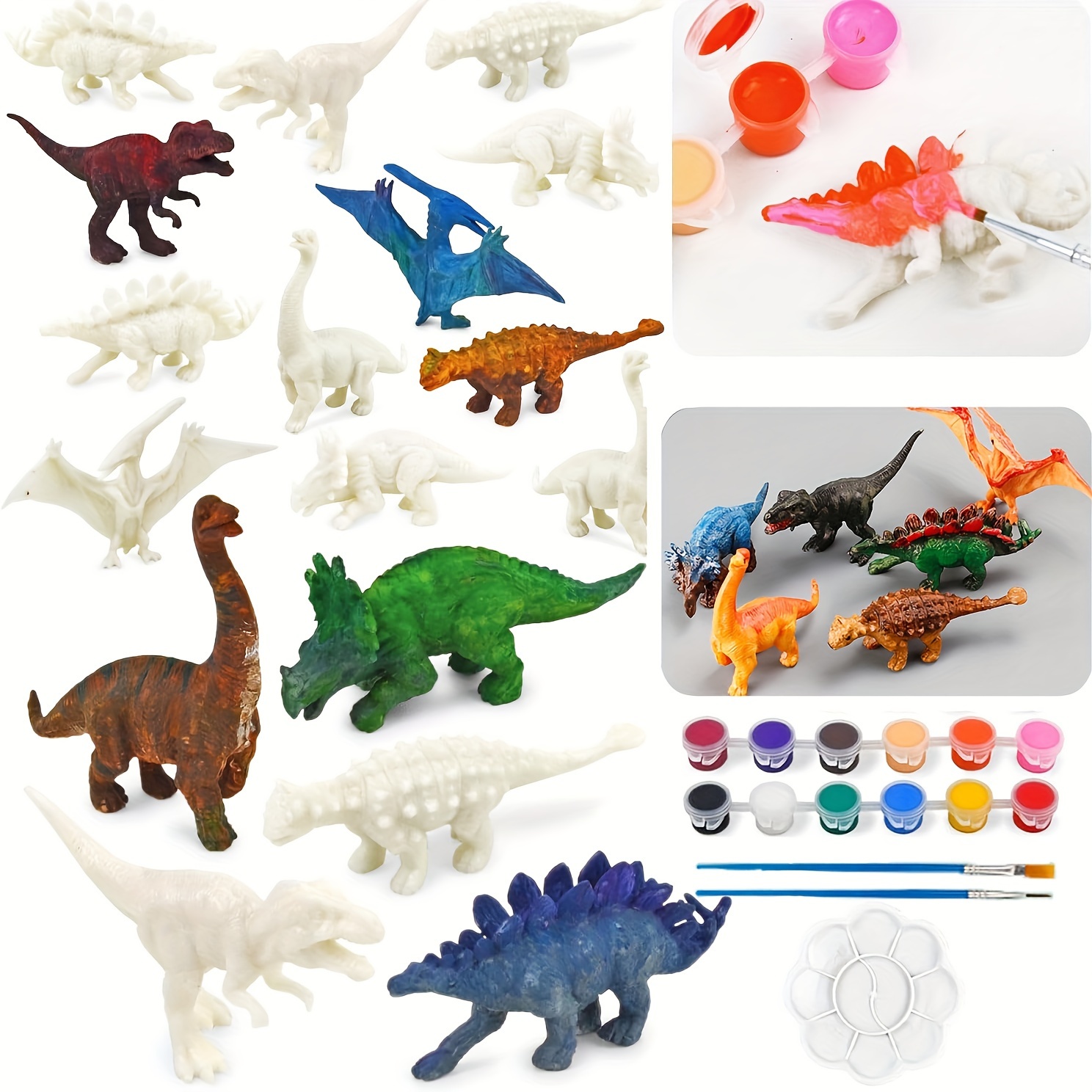 

Dinosaur Painting Kit For Kids - 11pcs Set Includes 6 Diy Dinosaurs, 2 Brushes, Palette, 12 Non-toxic Paints - And Crafts Activity - Suitable For Ages 8 To 14 - Creative Party Favors And Gifts