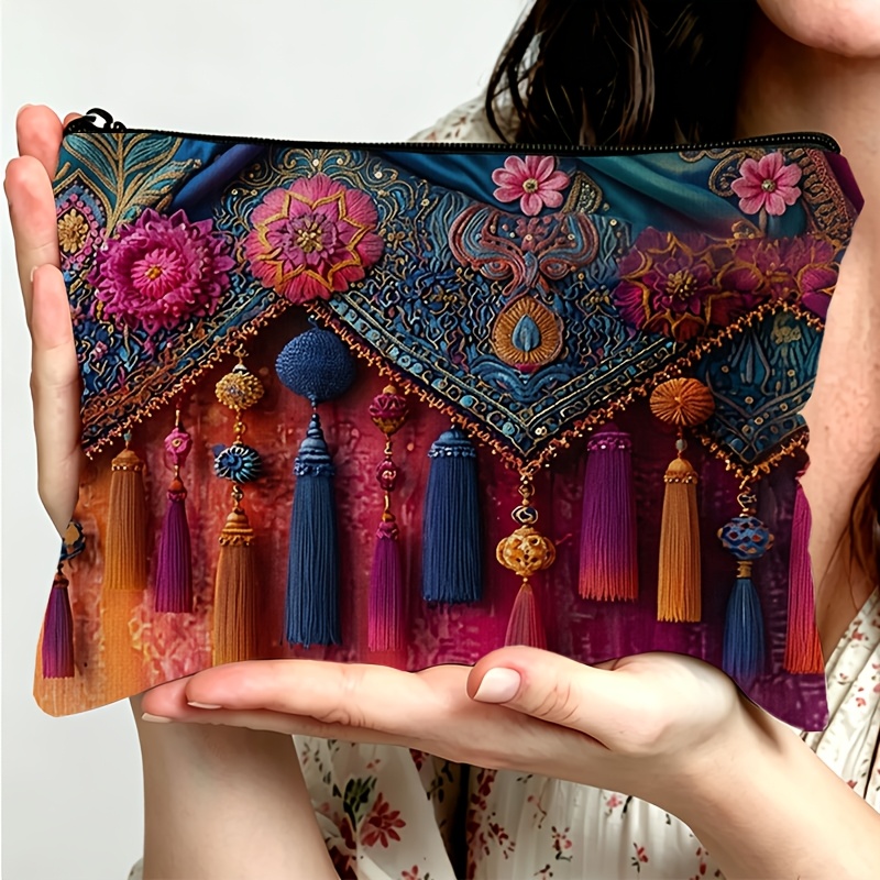 TEMU 1 2d Bohemian Vintage Style Tassel Exotic Floral Print Makeup Bag, Creative Gift For Women, Zippered Clutch, Ladies' Coin Purse, Essential Small