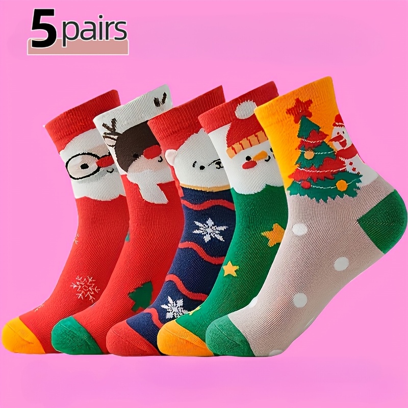 

5-pack Christmas Crew Socks For Men, Novelty Mid-calf Cartoon Pattern, Warm Polyester , Gift Socks