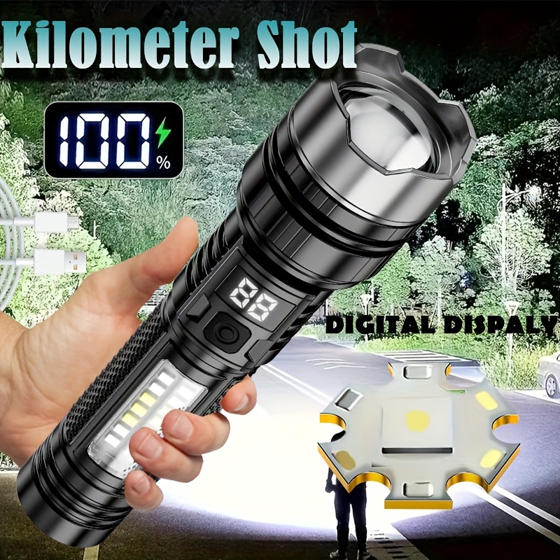 TEMU 1pc Rechargeable Led Flashlight -, 5, Cob Side Light, Long Range, Abs Torch For Camping & Emergency Outdoor Use, Usb-powered With 1200mah Battery, Digital Display, Black