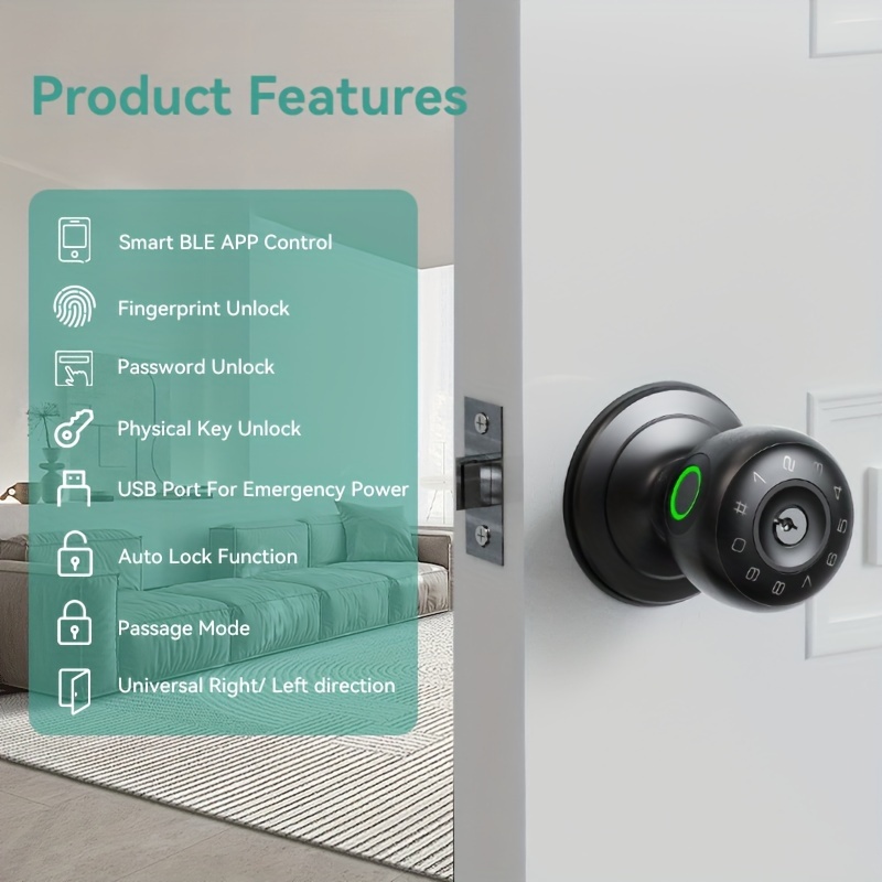 smart door lock handle with voice announcement wireless 4 in 1 keyless entry lock fingerprint keypad temporary codes emergency access   design for homes apartments offices garages   fit door locks for home details 3