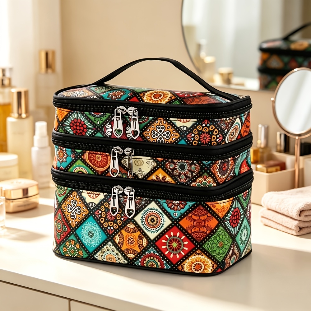 TEMU Bohemian Ethnic Style Printed Double Layer, Triple Layer Makeup Bag, Portable Handheld Waterproof Travel Cosmetic Organizer