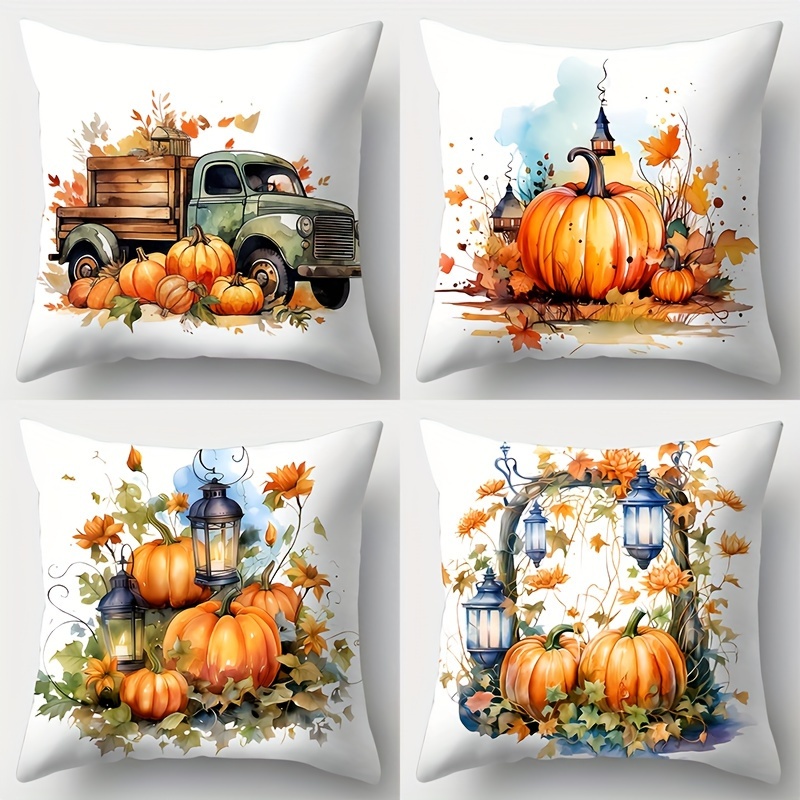 

4-piece Set Vintage Autumn Harvest Pumpkin & Carriage Throw Pillow Covers, 17.7" Square, Zip Closure - Perfect For Fall Home Decor (covers Only, No Inserts)