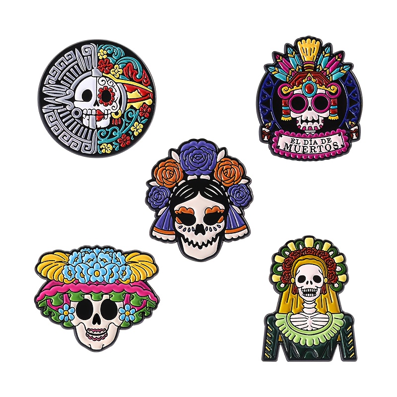 Set Of 5 Artistic Skull Pins For Halloween, Featuring A Mexican Horror Theme. Unique Enamel Alloy Brooches Make Great Additions For Clothing And Backpacks, Perfect As Special Gifts For