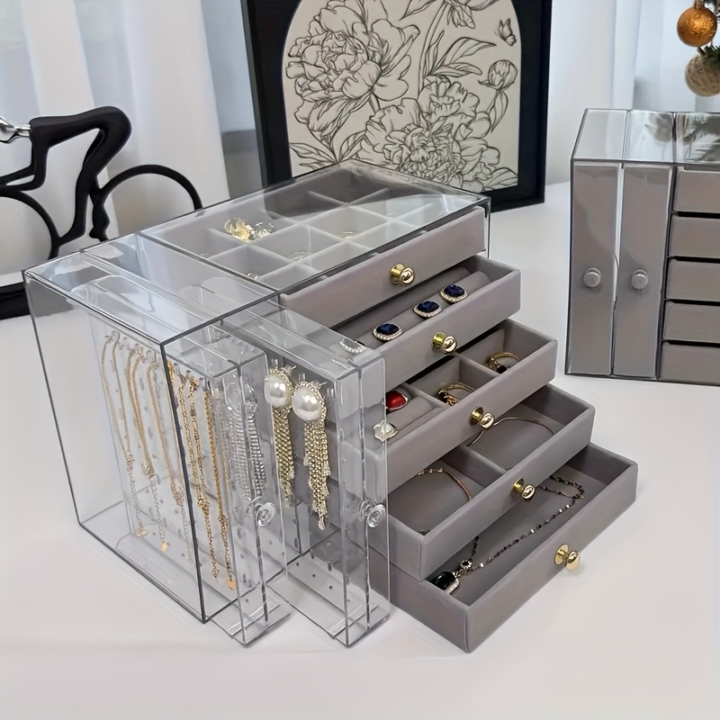 2 tier 5 layer large capacity transparent desktop jewelry organizer bracelet and necklace storage box with multiple compartments ring holder earring rack soft padded necklace and bracelet protector suitable for vanity or desk jewelry box jewelry boxes Product details 7