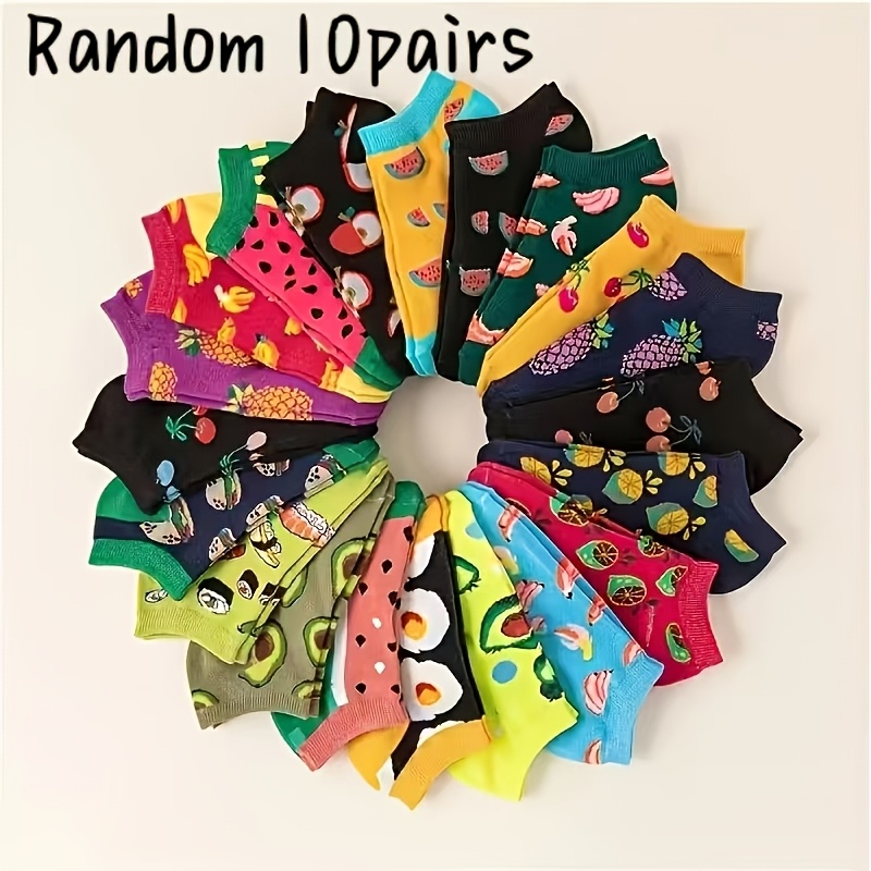 TEMU Mixed Colors Random - 10 Pairs Of New Socks, Couple Thin Fruit Boat Socks, Trendy Socks, Popular Low-cut Socks, Soft, Comfortable And Versatile