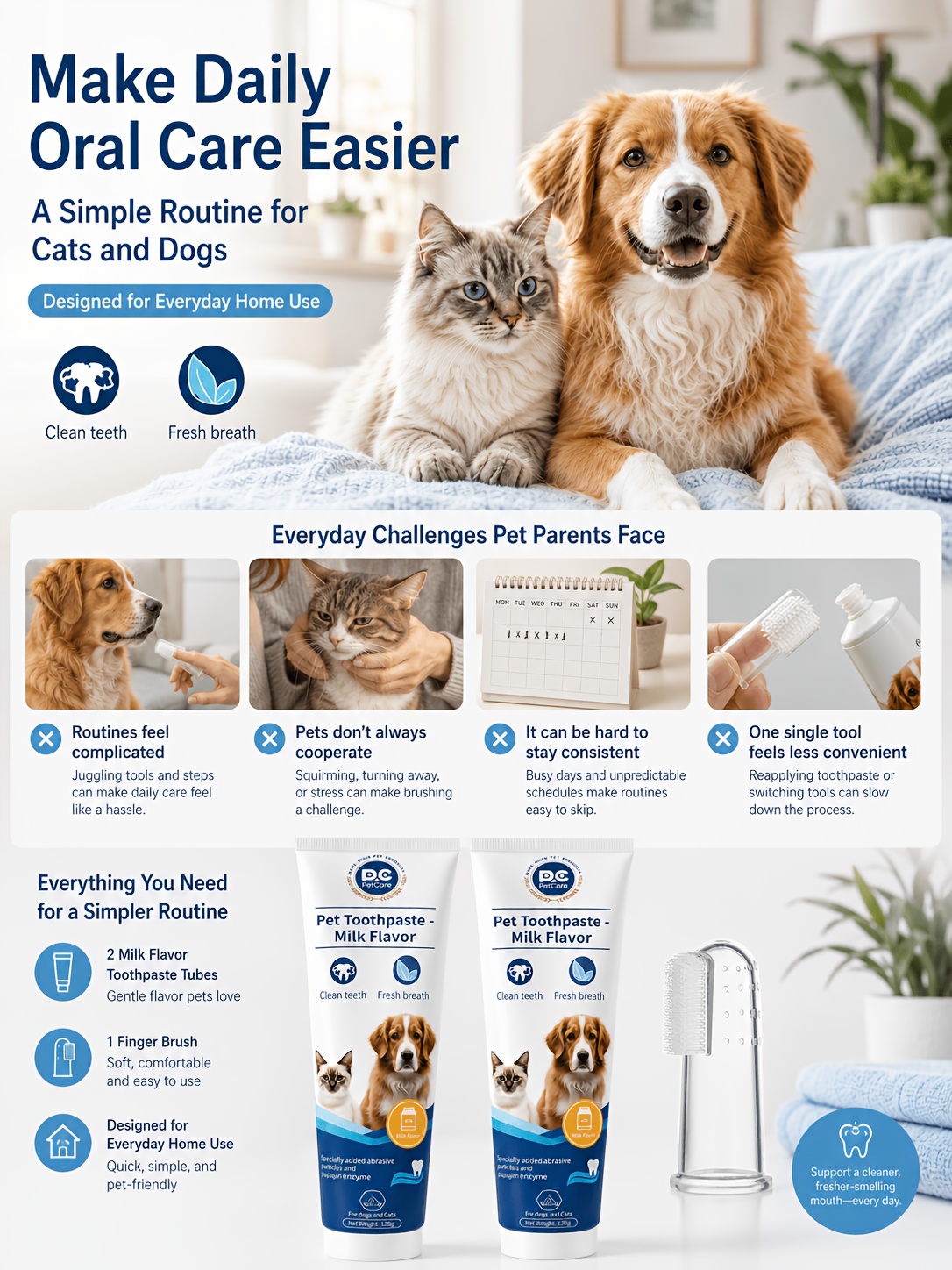 3pcs Pet Toothpaste Set - Specially Designed for Puppies And Kittens, Gently Cleans Teeth, Freshens Breath, And Protects Delicate Gums with a Mild Formula, Suitable for Safe Daily Care of Senior Pets As Well