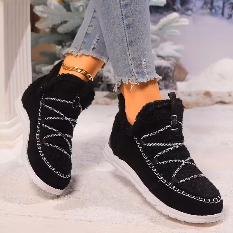 womens plush winter boots with thickened fleece lining slip on round toe flat sole brown cover upper eva sole cushioned insole Product details 4