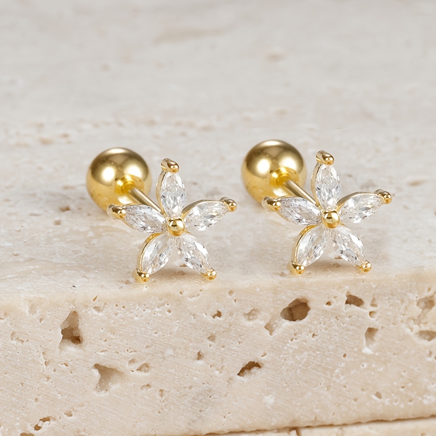 TEMU 2pcs Fashion Stainless Steel Cubic Synthetic Synthetic Zirconia Flower Stud Earrings- Suitable For Women' Wear