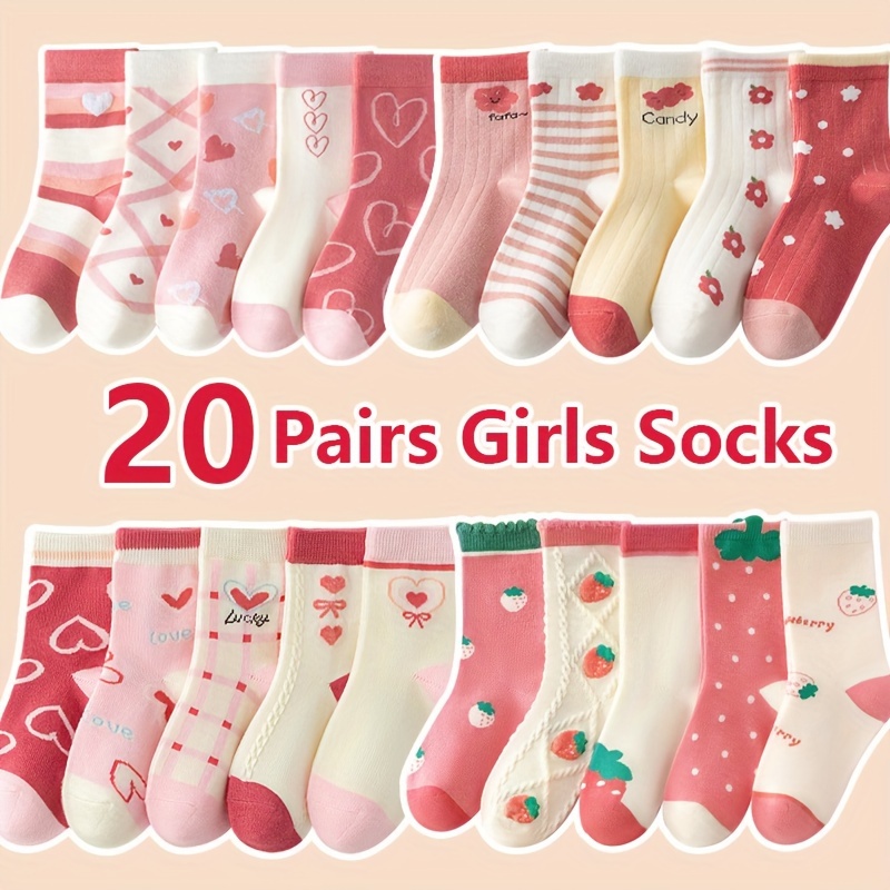 

20 Pairs Girls Knee-high Socks - Cartoon Design Polyester & Spandex , Knit Fabric, Fit, Pack For Children Age 12 & Under