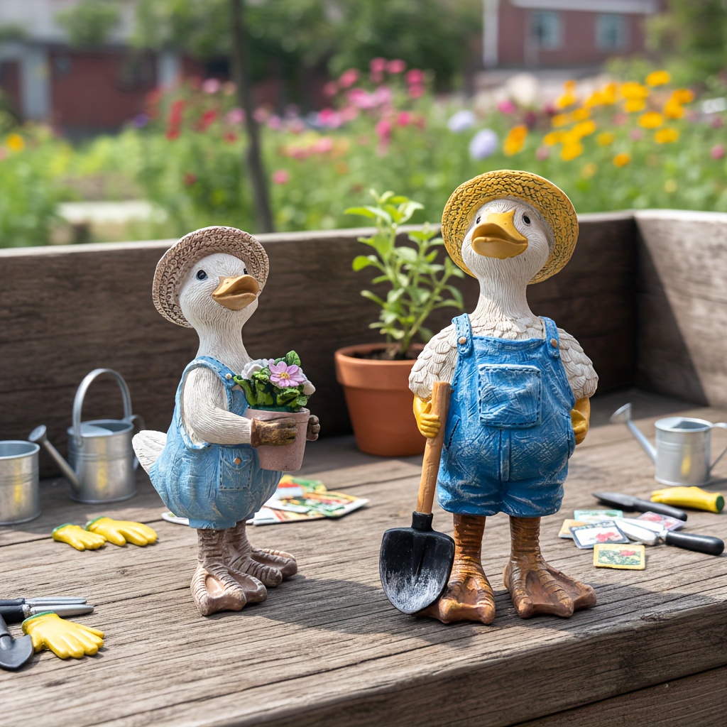 E-shop 2 Stück Upulipuli Entenküken-Statuen mit tragbaren Overalls – Resin-Entenküken, Bauernhof-Deko für Ostereier-Sitter & Frühlingsrasen,