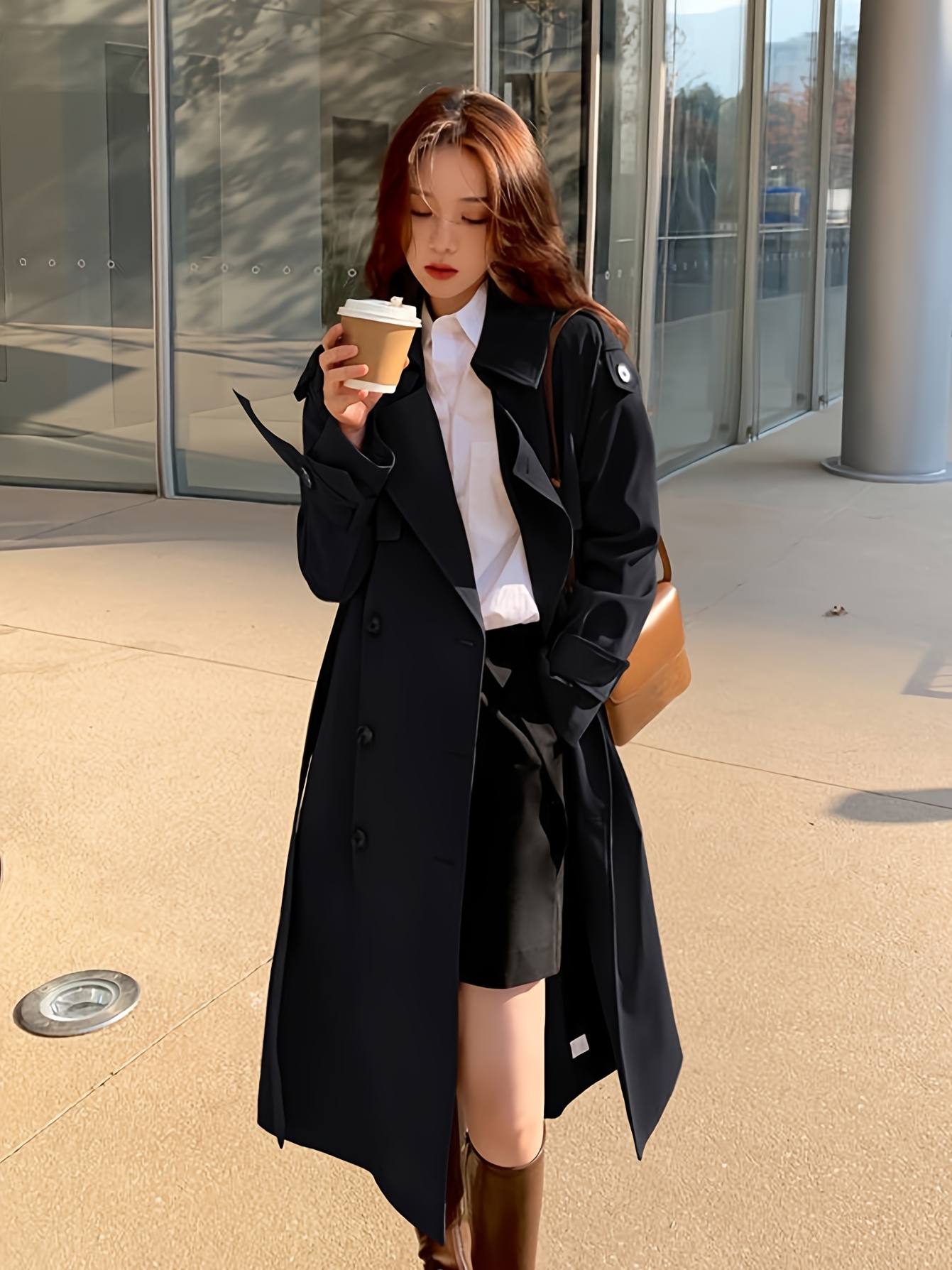 Trench Coats Korean Long Black Coat Kimi Kai Women's Elana