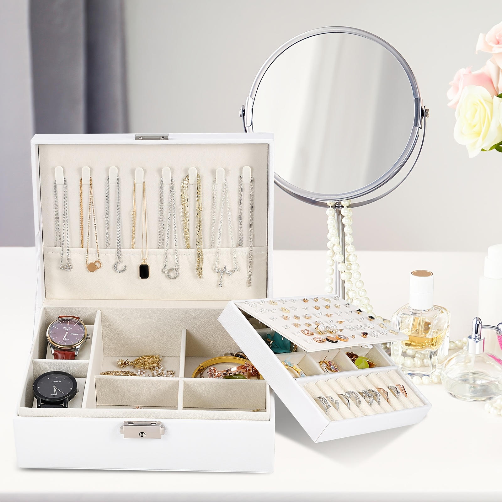 TEMU Jewelry Box For Women Girls - 2 Layers Pu Leather Organizer With Lock, Removable Tray For Rings, Earrings, Necklace, Watches - White Travel Case
