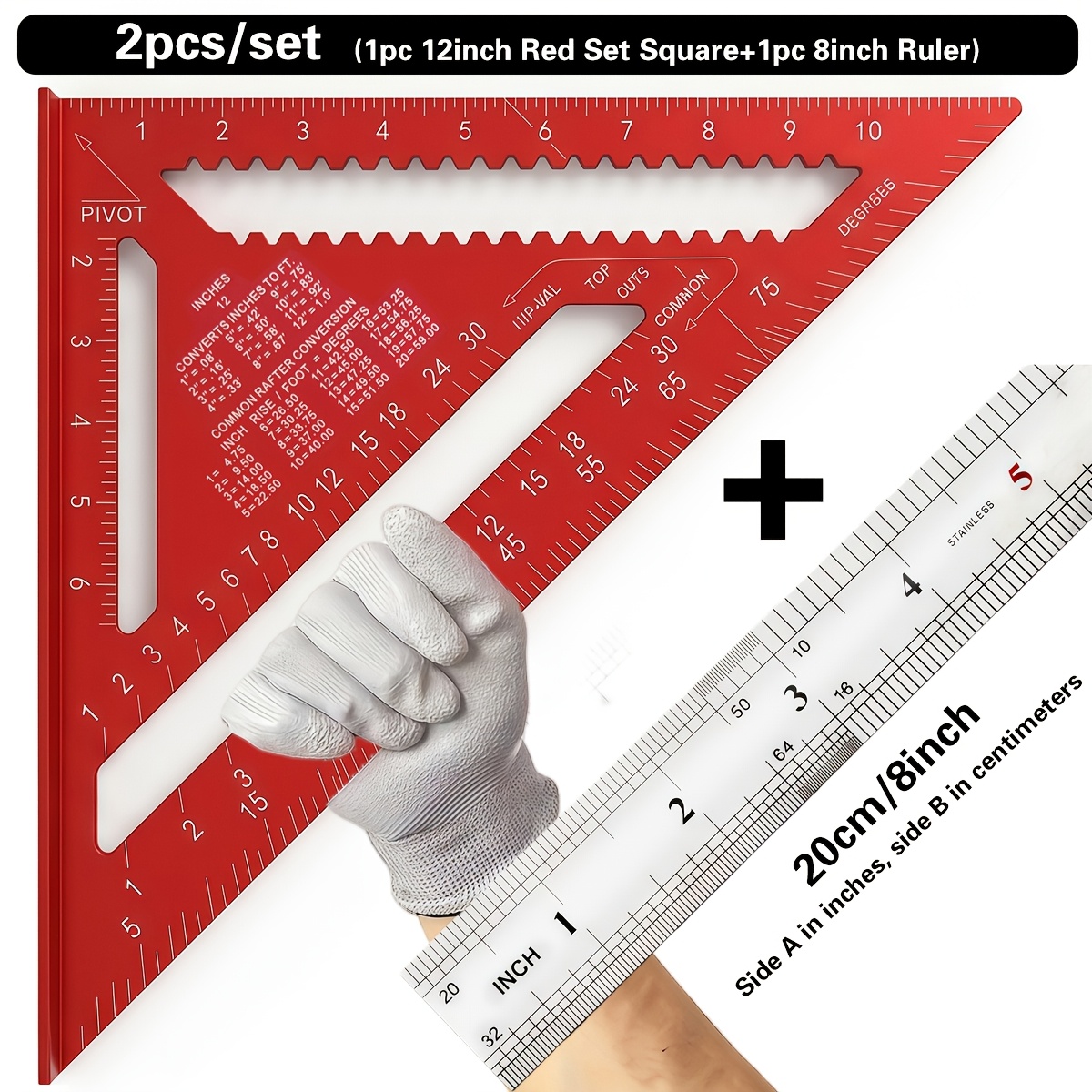 TEMU 2pcs 12 - Inch Aluminum Alloy Triangular Square, 20cm/8inch Double-sided Ruler, With An Angle Protractor And Metric Scale. A Durable Metal