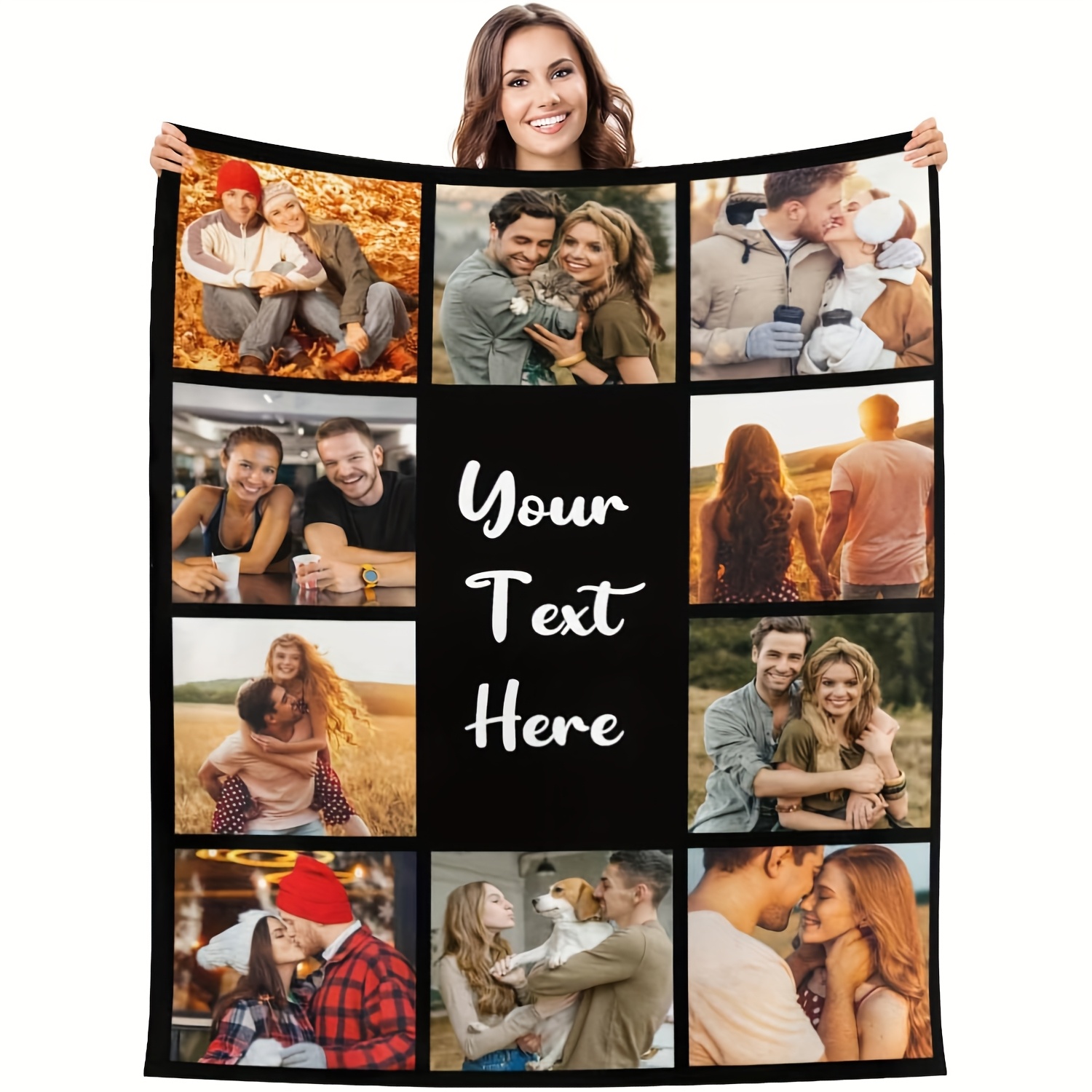 

Custom Photo Collage Throw Blanket, Personalized Text Soft Fleece, Machine Washable, Reversible Flannel Bedding With Polyester Knit Fabric, For , Unique Gift Idea