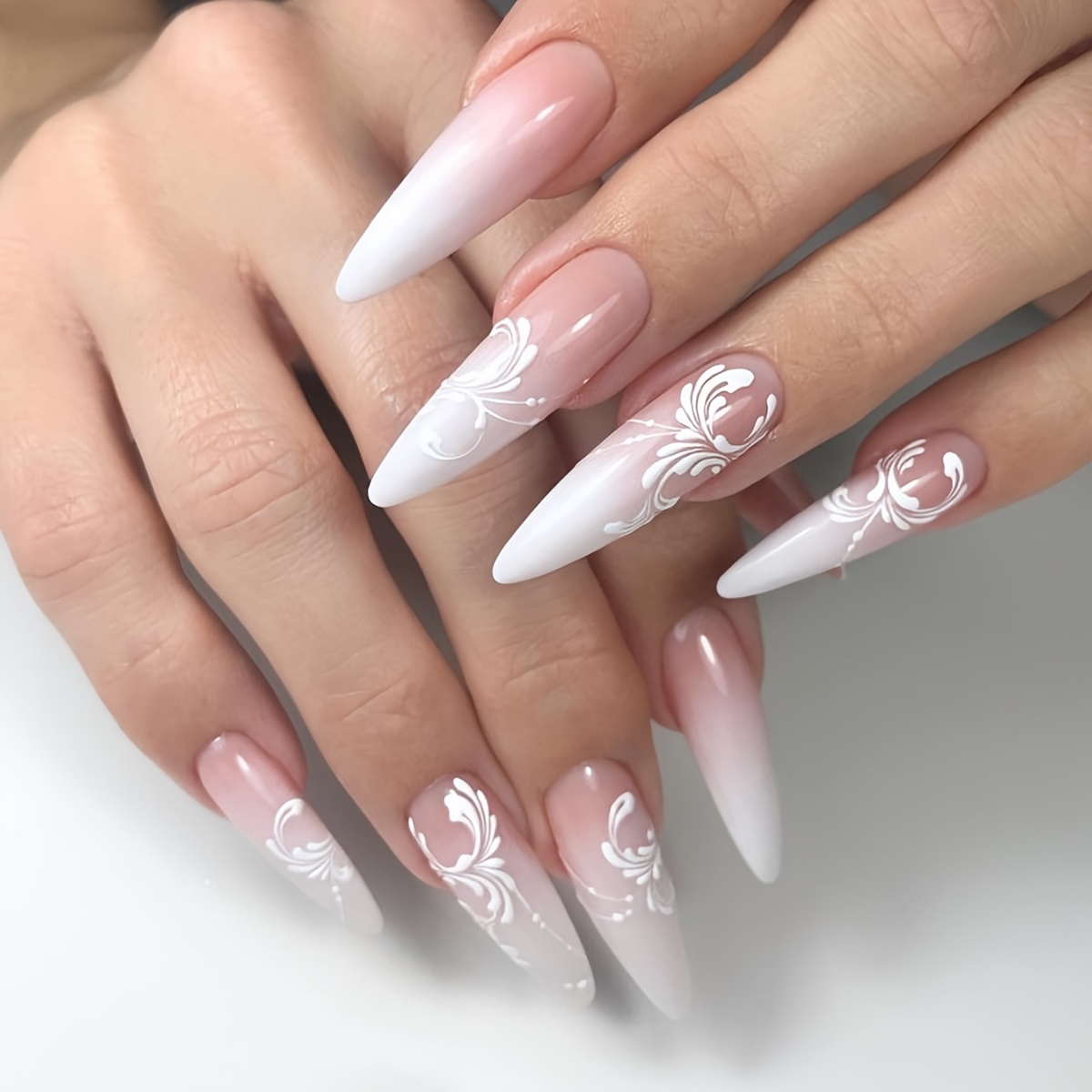 

24pcs Long Press On Nails, White French Tip Fake Nails With , Decor Full Cover False Nails For Women And Girls