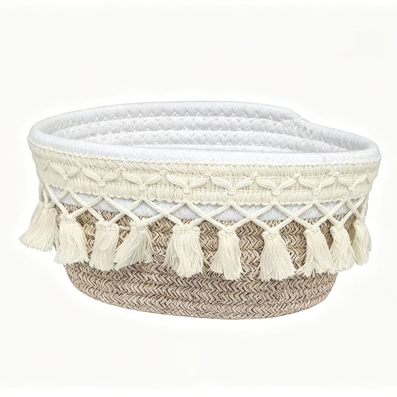 TEMU Bohemian Woven Tassel Storage Basket With Open Lid - Fabric Organizer Suitable For Bedroom, Bathroom, Multi- Basket For,, Towels, Decorative