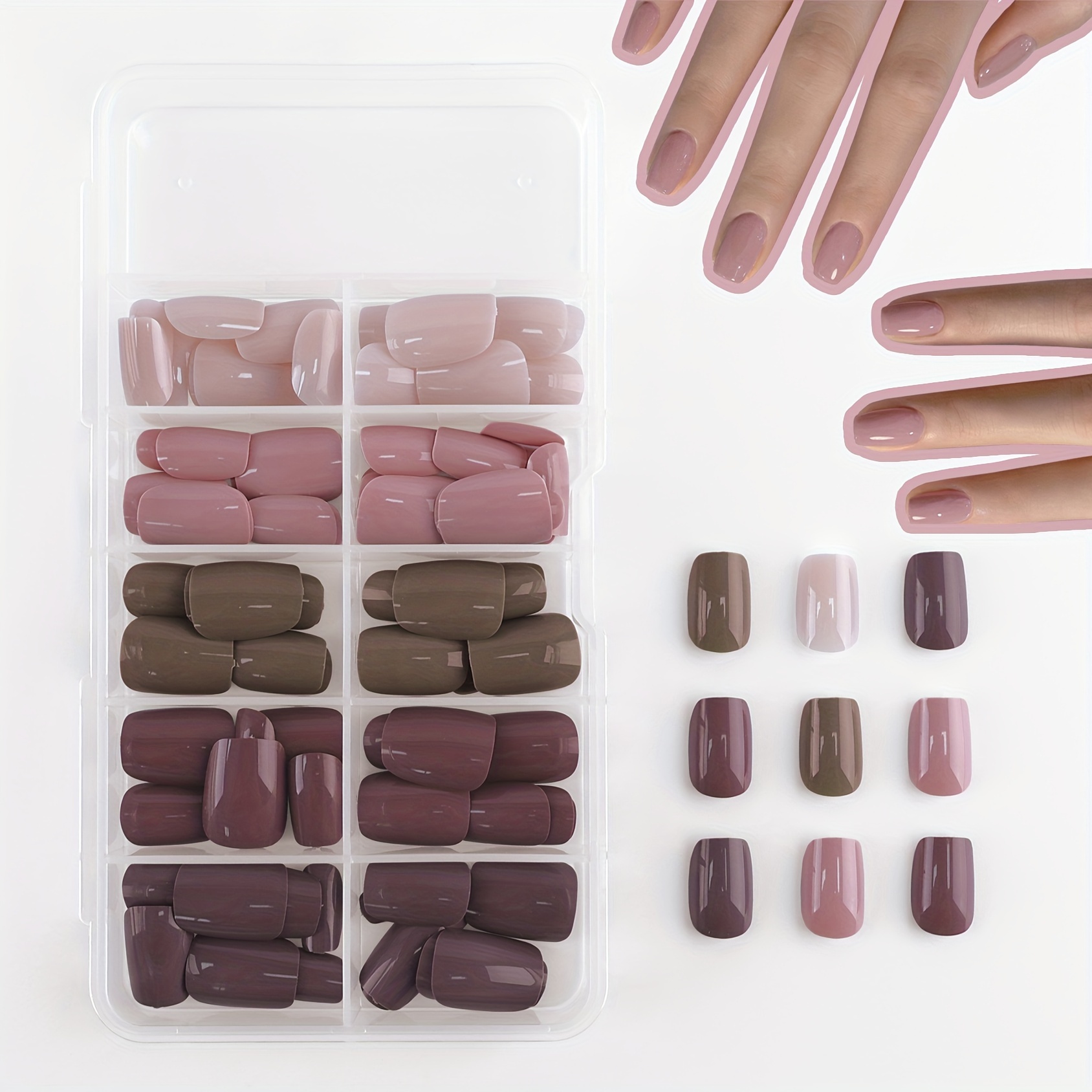 

Yeses 150pcs Short Square Press-on Nails Set, Solid Color Removable Nail Tips In Pink And Brown, Nail Accessories