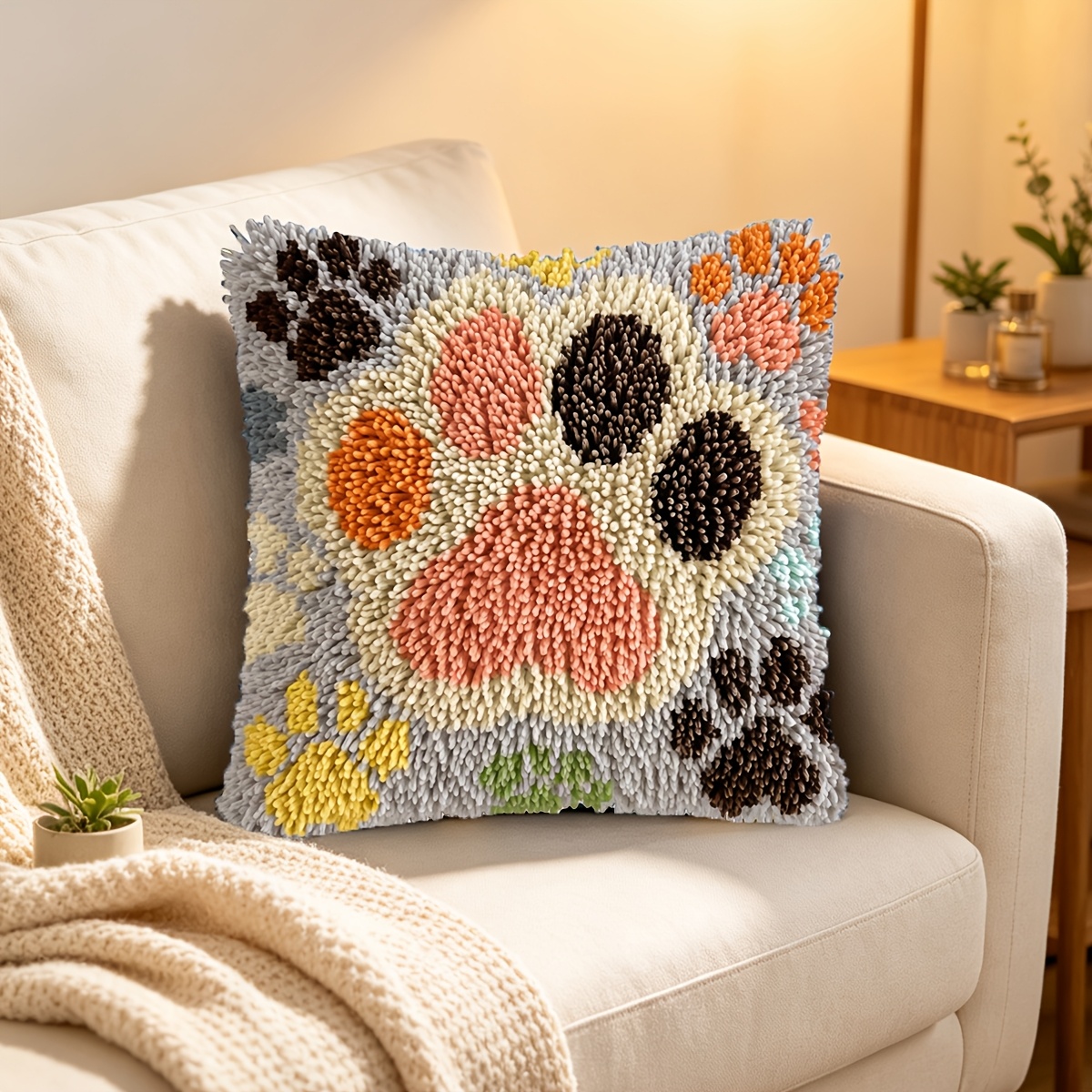 TEMU Zuoanlf Handmade Latch Hook Pillow Kit Suitable For Adult Beginners, Diy Craft With Footprint Pattern & Grid-printed Canvas, Full Set With