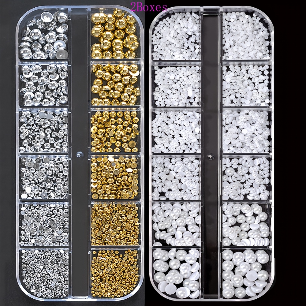TEMU 2 Boxes/12 Grids White/golden/silvery Half-round Nail Art Accessories, Mixed Size Flat-back Nail Beads, Rhinestone Half-round Nail Art