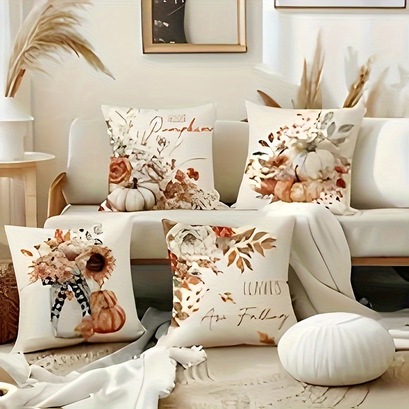 

4-pack Throw Cushion Covers With Thanksgiving Pumpkins & Fall Foliage Print, Country-rustic Style, Machine Washable, Zippered, Multi-room Decorative Pillowcases, 100% Polyester (no Insert)