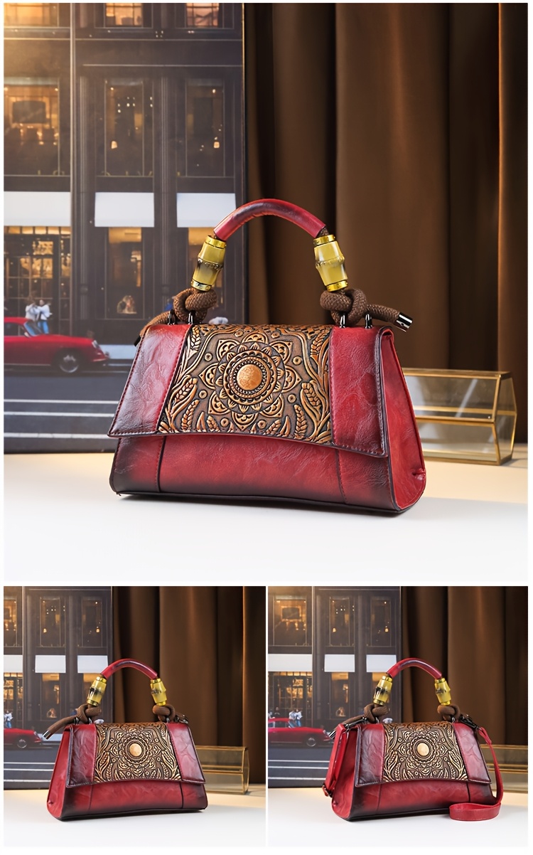 Red Vintage Sunflower Carved Bag worn as crossbody bag