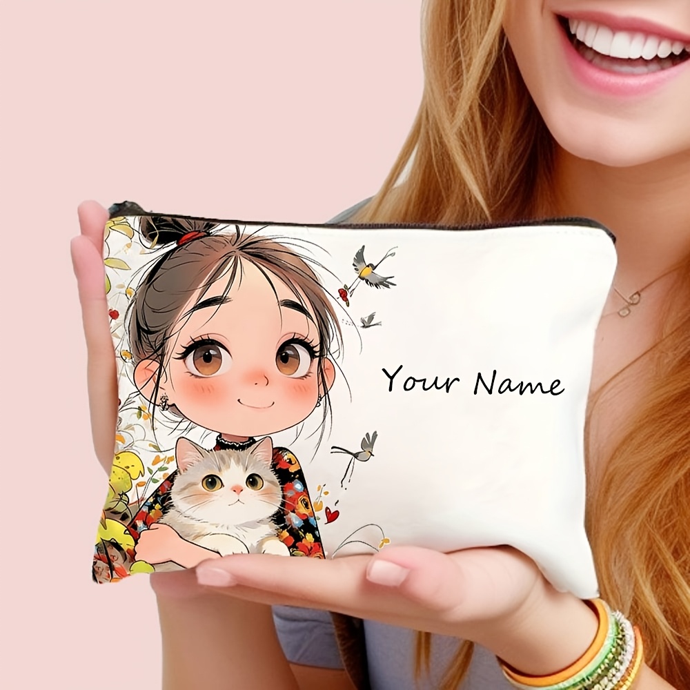 TEMU Neceser de poliéster personalizado con estampado inspirador de niña y bonita - Bolsa de cosméticos blanca con cremallera, portátil y duradera,