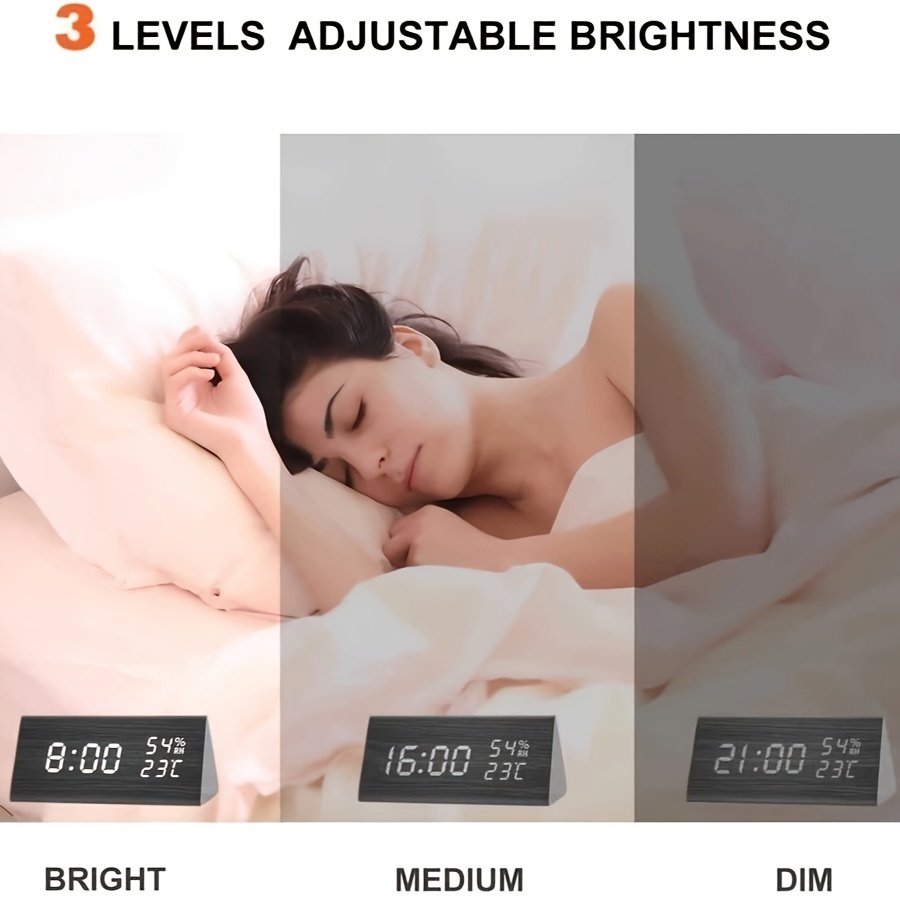 Wooden Triangular Bedroom Alarm Clock with Temperature and Humidity Display, Three Alarm Settings, and Adjustable Brightness, Suitable for Bedrooms, Study, Office, Bedside Table