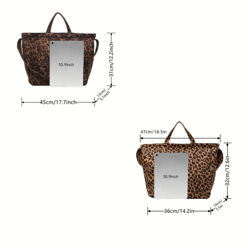 Borsa Shopper Donna In Nylon Leopardato, Grande, Pieghevole, Con Tasca, Per Lavoro E Scuola