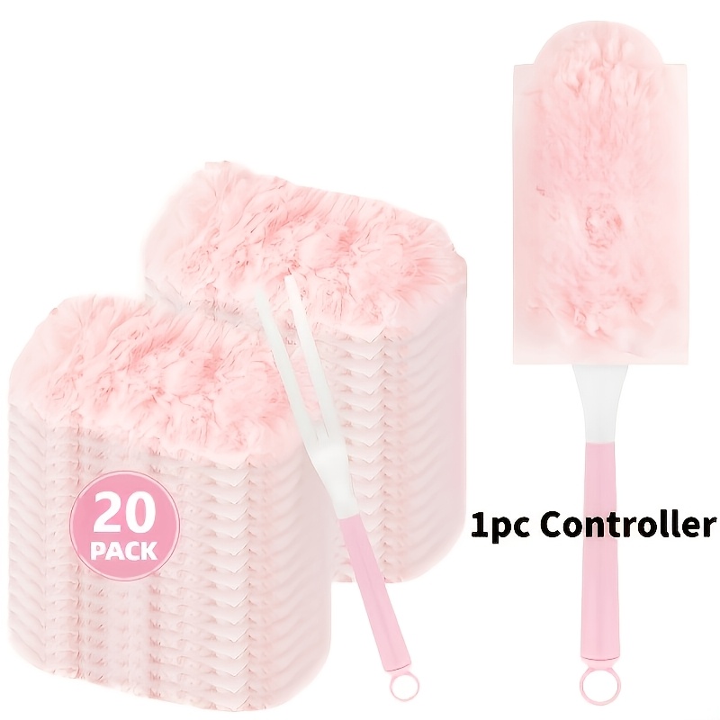 TEMU Ensemble rose de 21 pièces : 20 têtes de dépoussiérage remplaçables + 1 manche. électrostatique jetable avec manche, convient pour le nettoyage