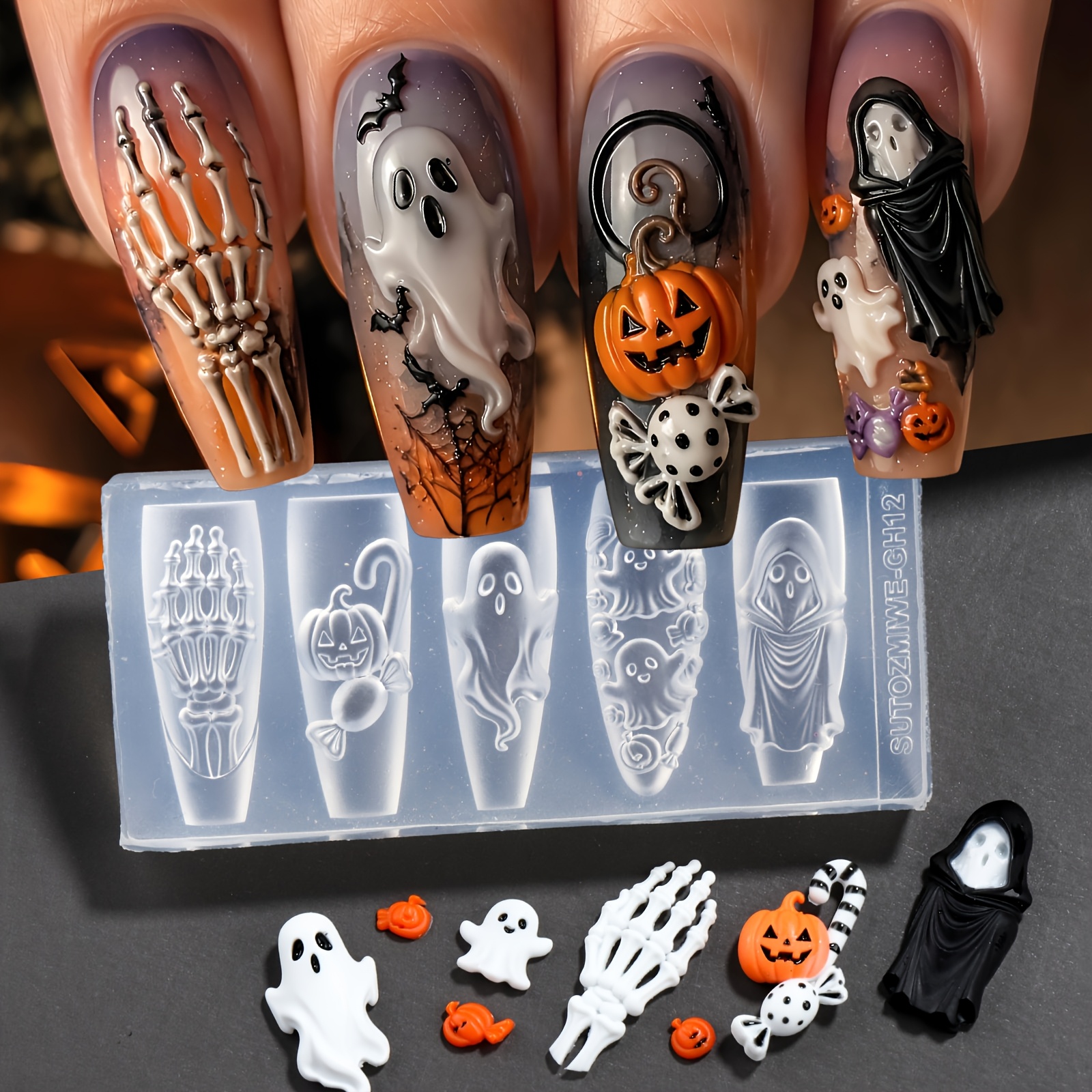 TEMU 1pc Halloween Skeleton Hand Nail Silicone Mold, Mini Pumpkin Charm Resin Mould Template, Spooky Cute Fall Nail Supplies Festival Nail Charms