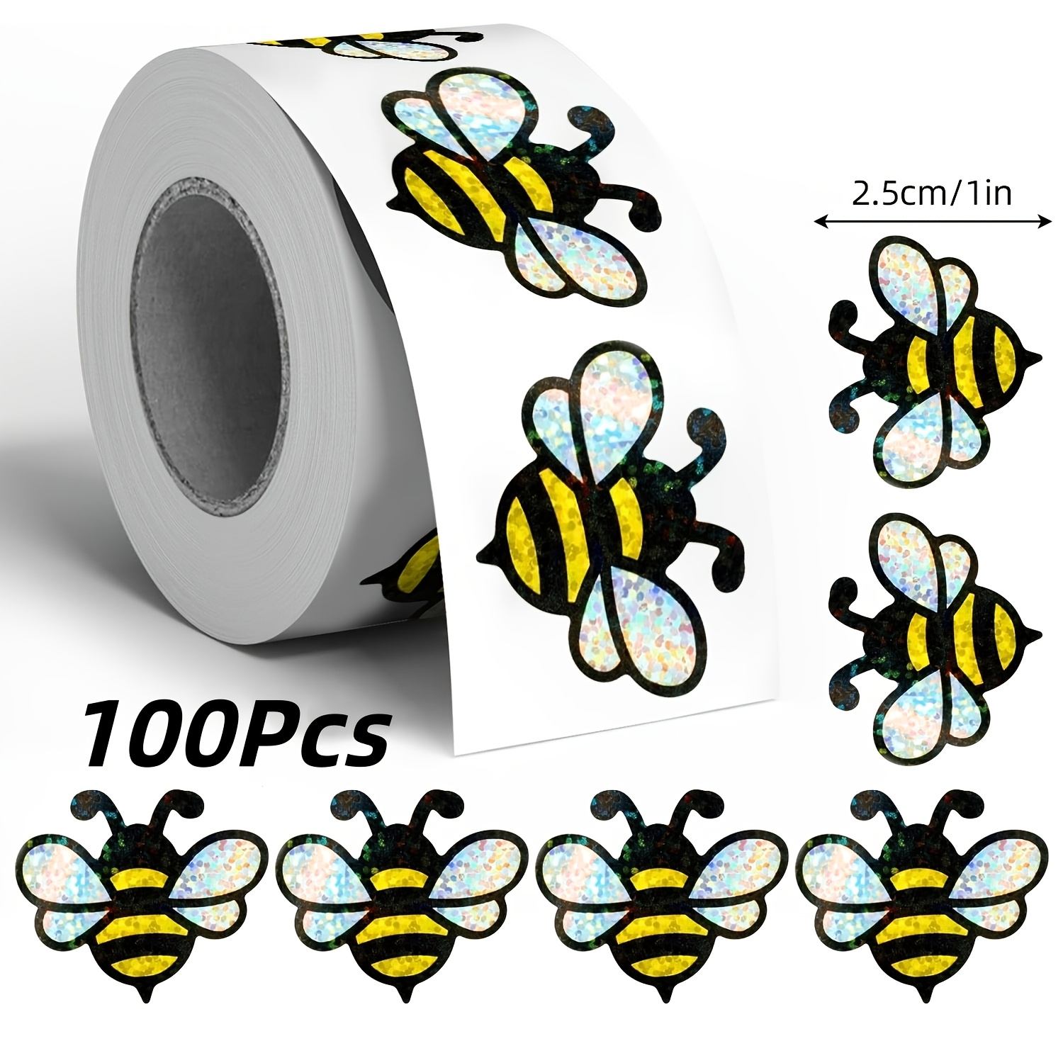 TEMU 100 Stickers: Rollo de Stickers de Graffiti de Abejas Pequeñas Cortadas con Láser, Animales de Dibujos Animados Irregulares Brillantes, Stickers