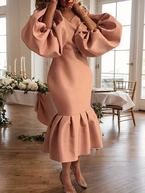 womens elegant v neck bubble sleeve midi dress in solid for parties banquets valentines day in yellow polyester and spandex blend hem cute dresses