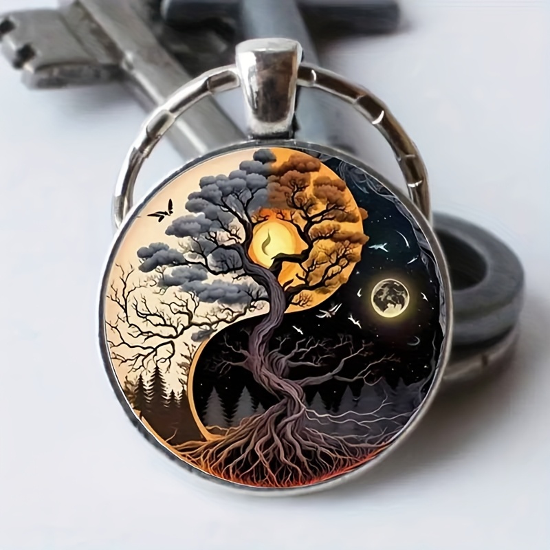 

1 porte-clés Yin-Yang Arbre de Vie en , ronde avec boucle d'anneau, porte-clés créatif de mode à soi-, pendentif décoratif pour sac de voiture pour femmes, cadeau de Noël