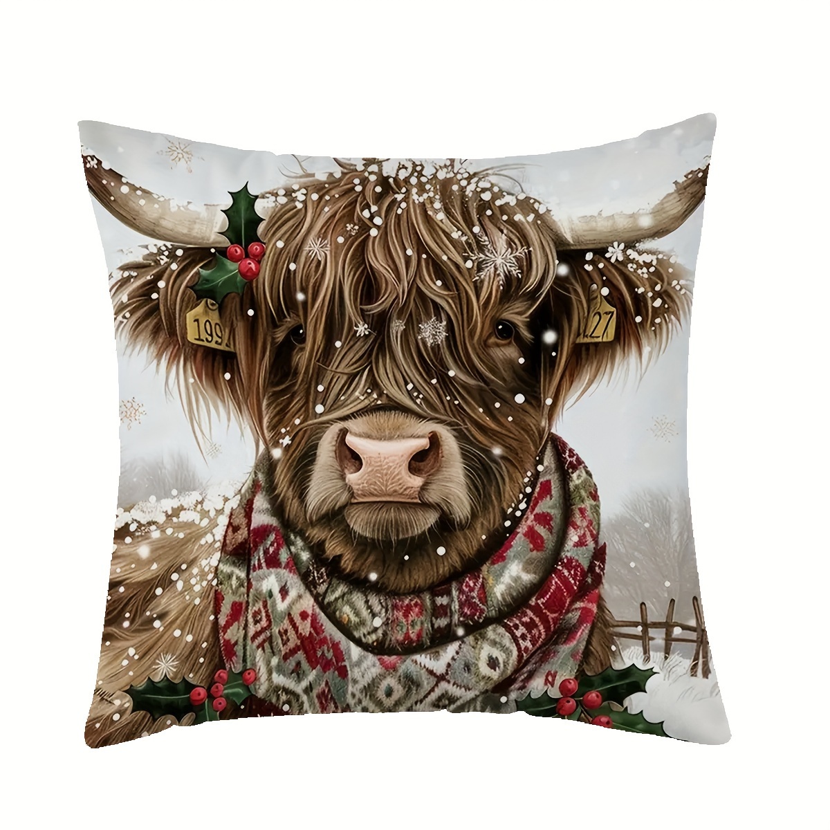 

Christmas Highland Cow Throw Pillow Cover, Traditional Style, Hand Wash Only, Zipper Closure, Woven Polyester, Decorative Cushion For Living Room, Bedroom, And Room Types - 1 Piece