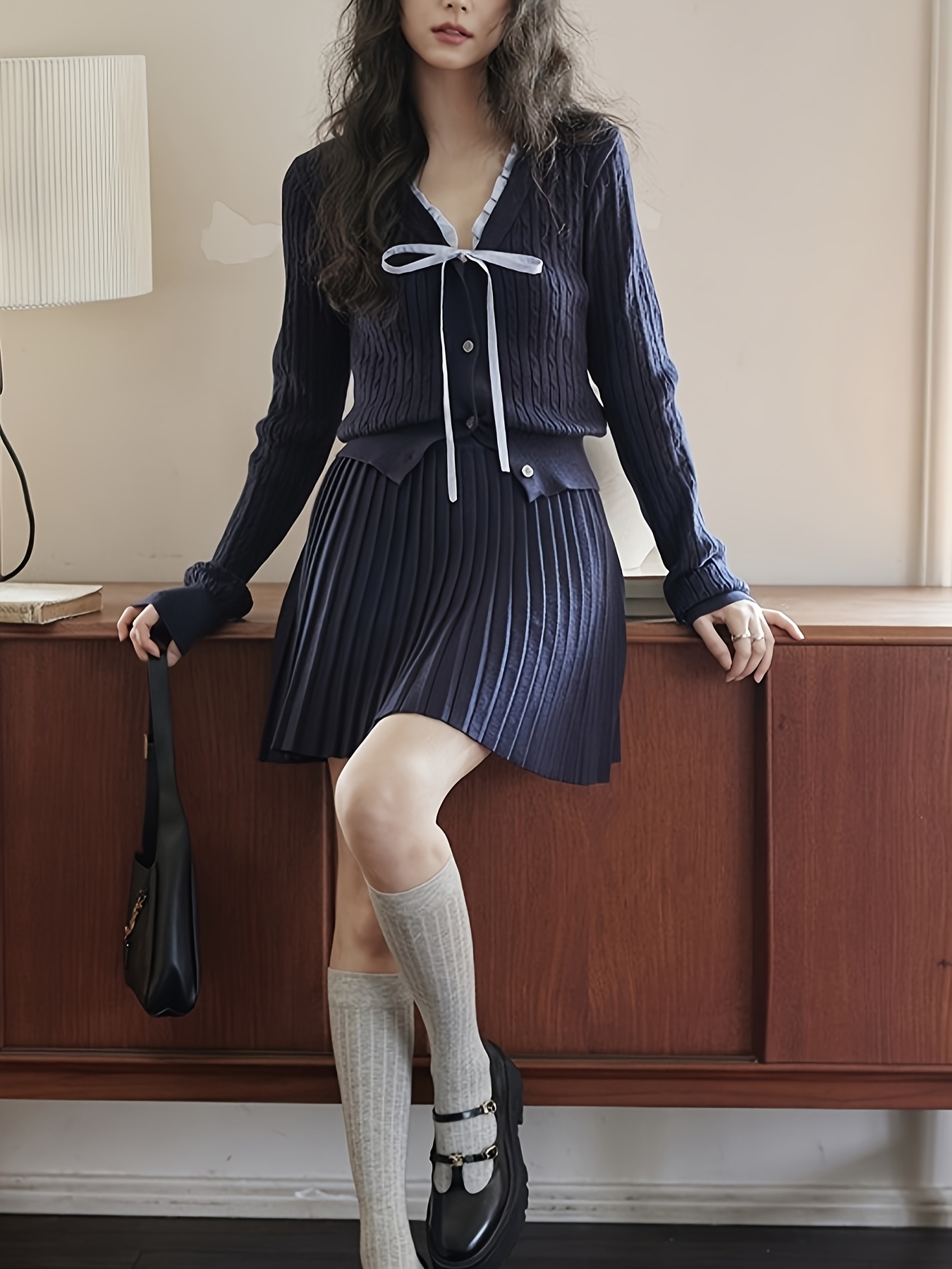 twist cardigan sweater set college style short skirt Temu United