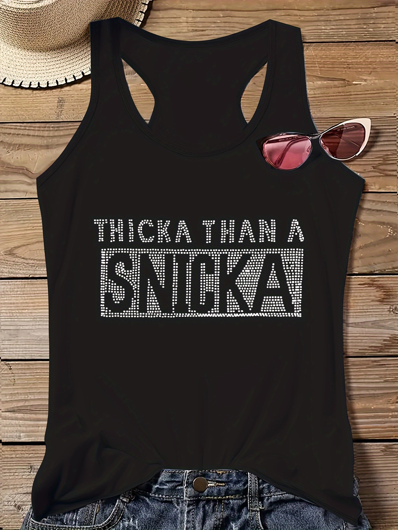 Fashionable Round-Neck Tank Top with Letter Print in Plus Size