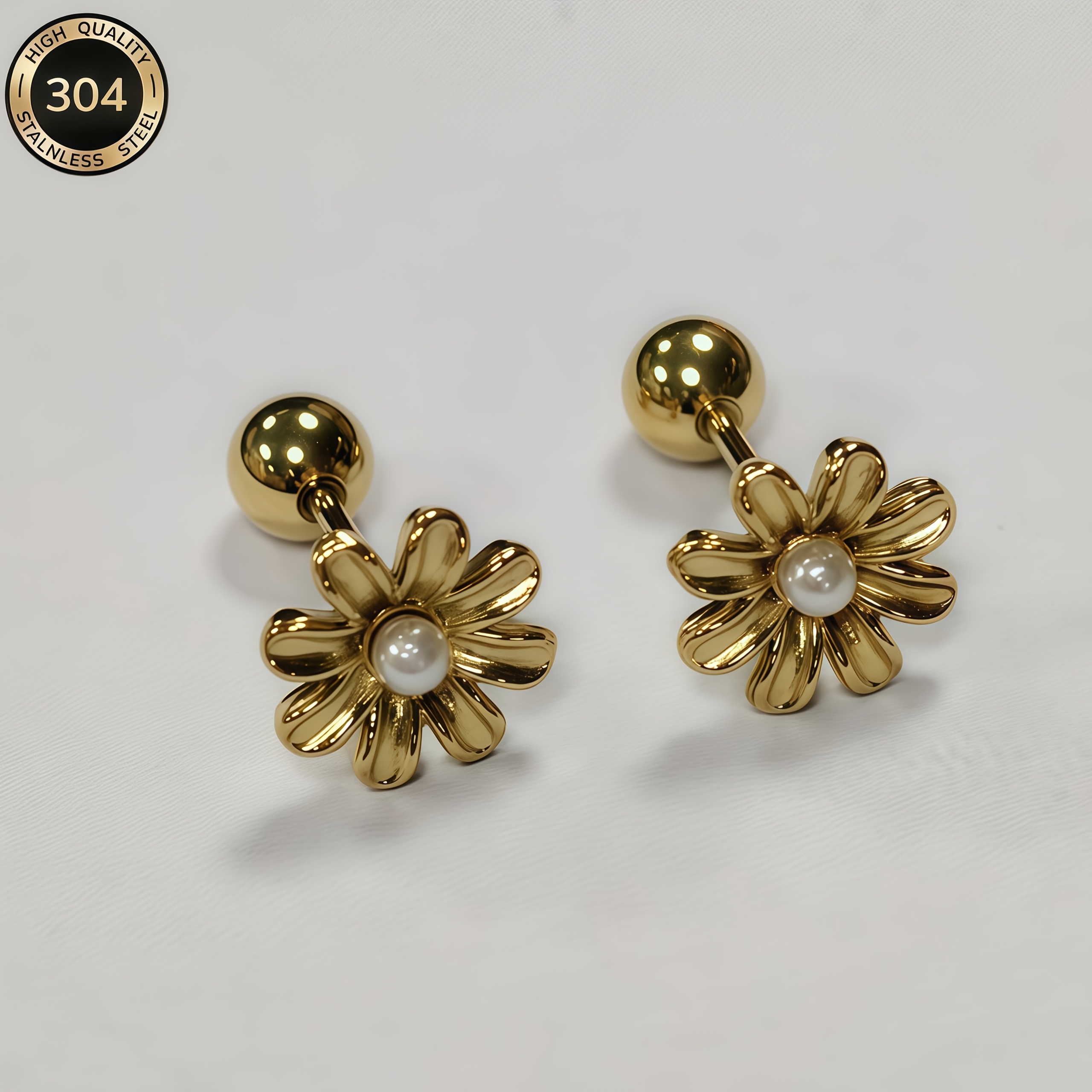 TEMU 1 Paire de Boucles d'Oreilles Clous en Acier Inoxydable 304 Doré Marguerite Perle, Plaqué Or 18K Anti-Transpiration Rétention de Couleur Femme