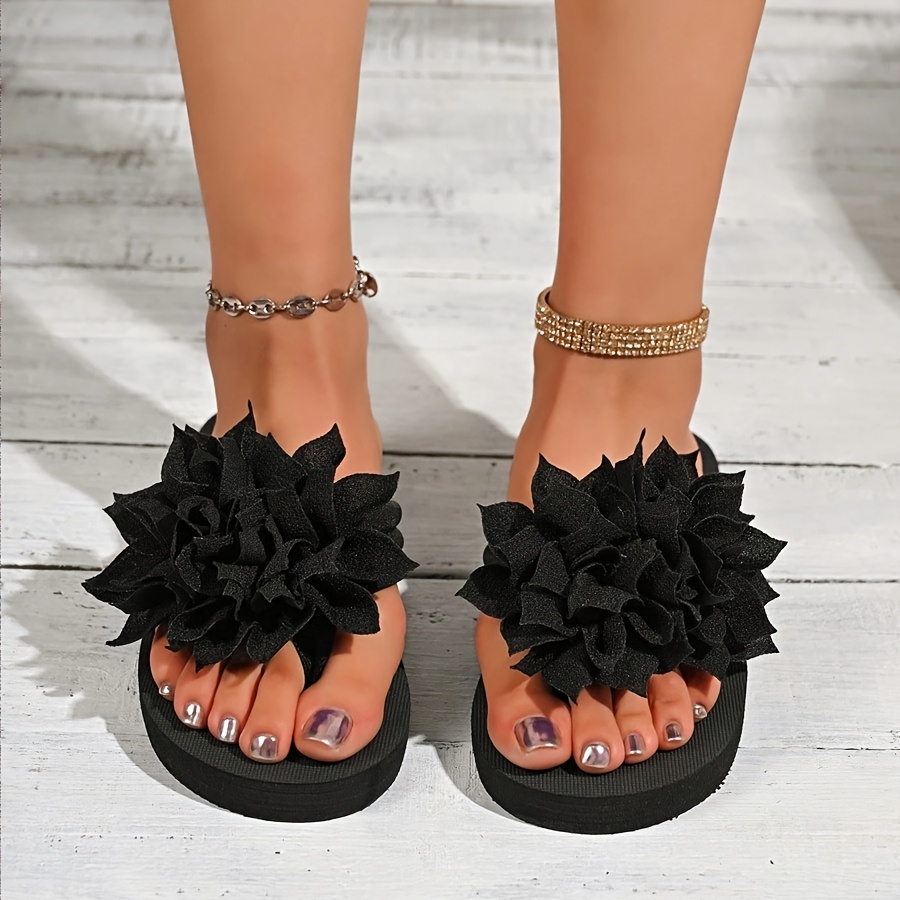 TEMU Women's Fashion Flat Thong Slippers, New Summer Style Thick-soled House Indoor Slippers, Comfortable Black Double-flower Decor Slip-on Sandals,