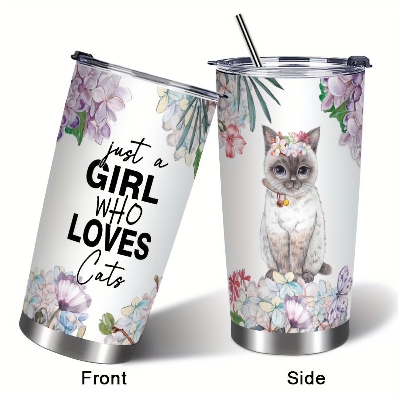 

1pc 20oz Kitten Print Cup Stainless Steel Cup Large Capacity Sports Cup Straw Cup Flip Cup, Suitable For Car Travel Office Business, As A Gift For People Who Like Cats