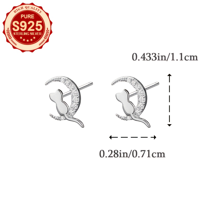 Women's S925 Silver Moon and Kitten Stud Earrings