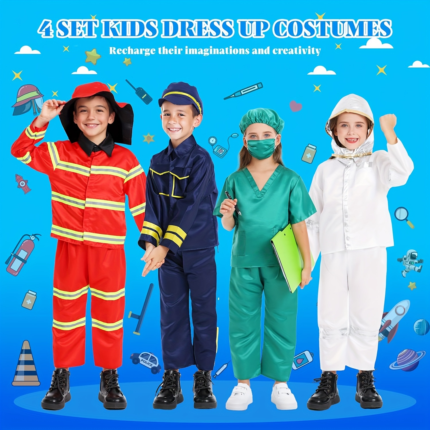 Kids Role Play Costume Set Firefighter, Police, Astronaut Themed  Outfits for Boys Girls, Ideal for Christmas Birthday Gifts, F