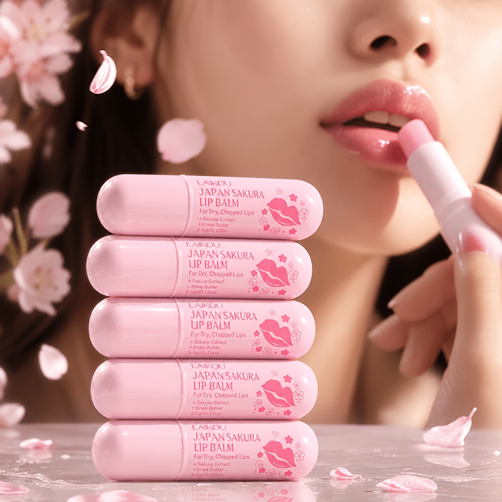 Laikou Five-pack Japanese Cherry Lip Balm, Rich In Cherry , Moisturizing, Long-lasting Hydration, Brightens Your Lips For , Suitable For Daily Use Or Special Occasions