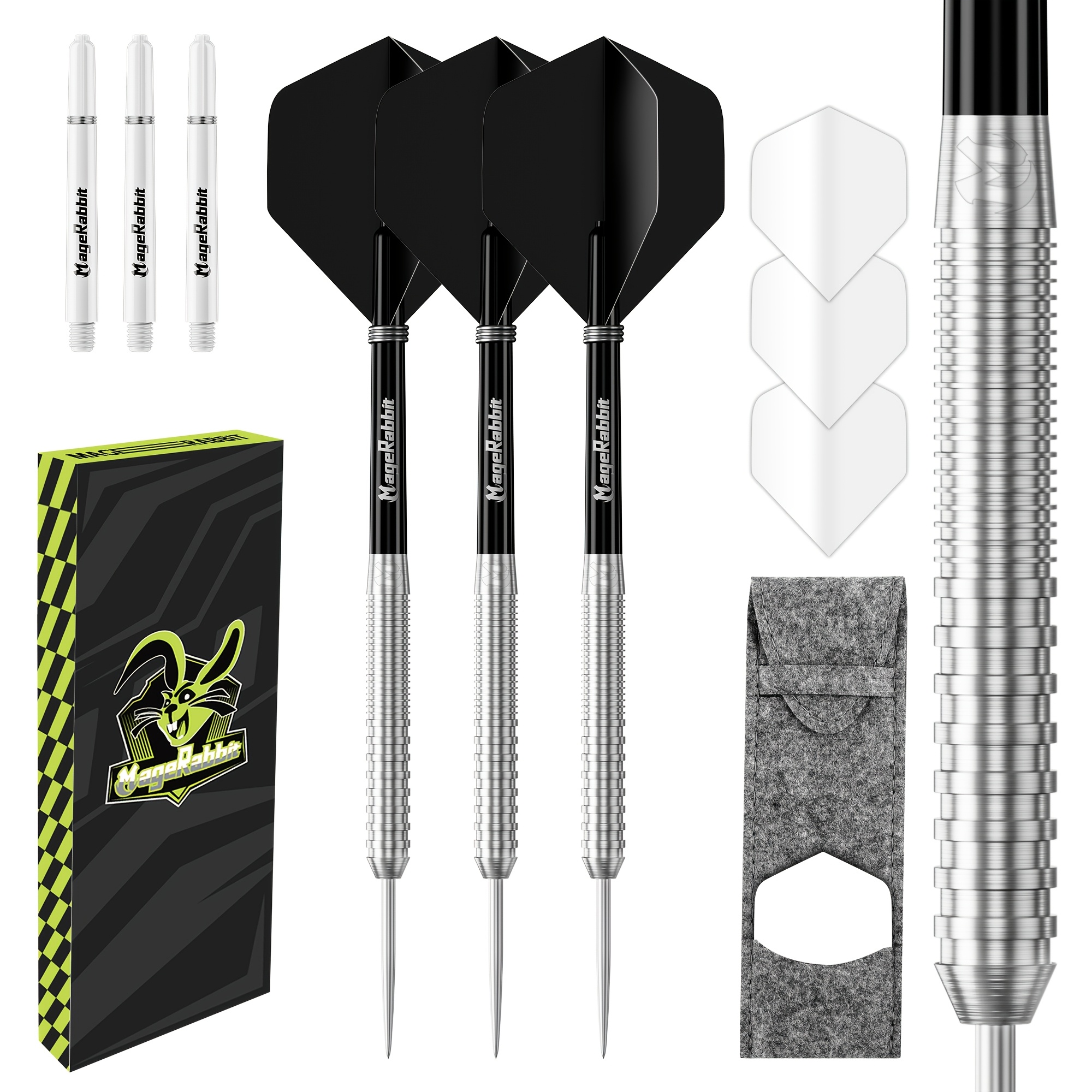 

Magerabbit Professional Steeltip Darts Set In 21, 23, 26,28,30 Gram With Flights, Stems ( Shafts ) And Wallet