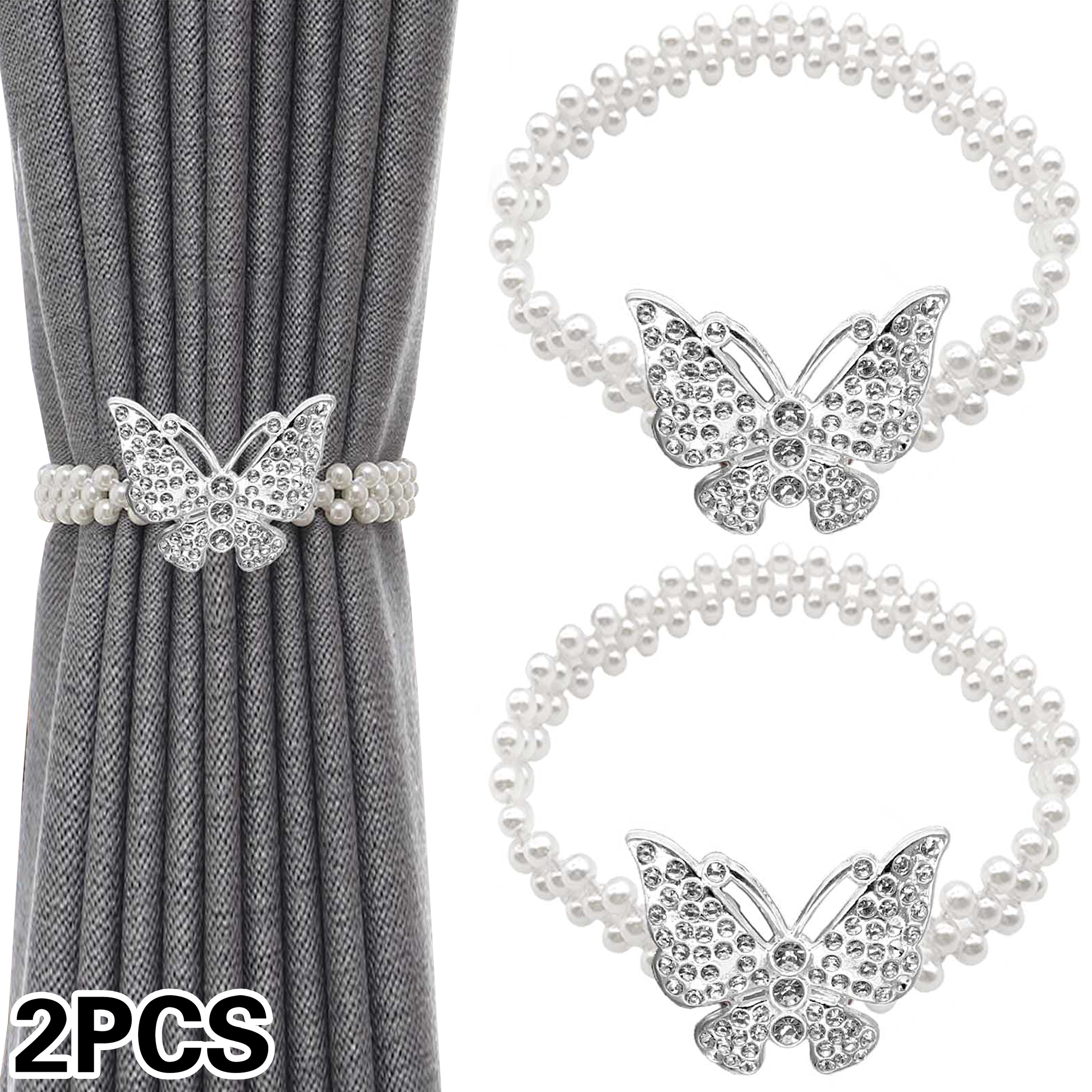 2pcs/set Elegant Adjustable Golden/silvery And White Artificial Pearl Decorative Designed Elastic Curtain Tiebacks, No Punch Curtain Grommets Curtain For Bedroom, Living Room, Office, Add Feeling To