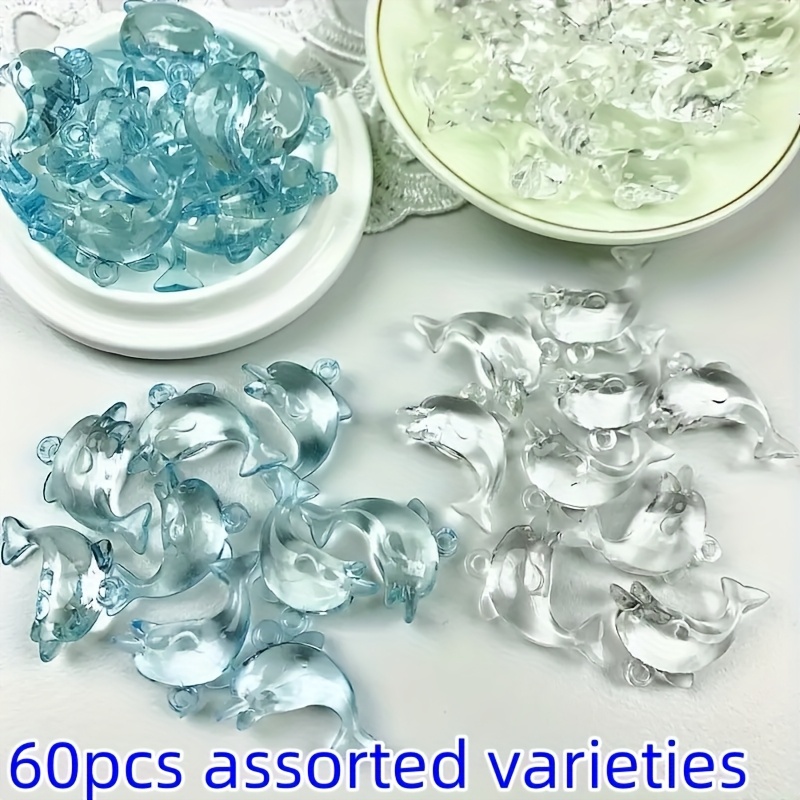 E-shop 60 Stück Neue Hochwertige Mode Delfin Acryl Perlen - 3D Transparente Blaue Und Klare Edelstein Charms mit Loch, Geeignet für Schmuck,