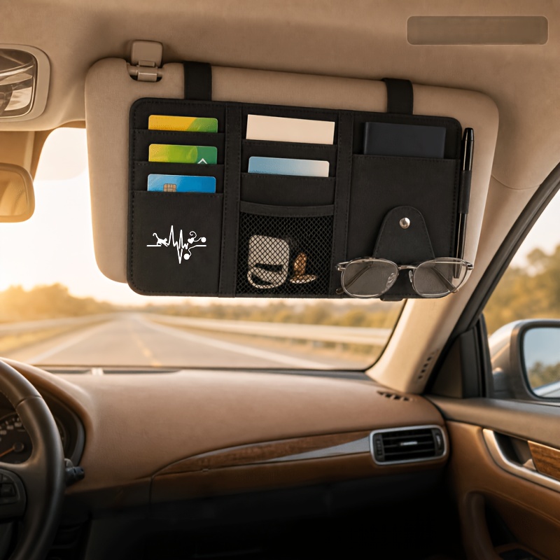 TEMU 1pc Cat Heartbeat Ekg Wave Pattern Sun Visor Storage Bag Multifunction Car Card Holder License Document Bill Pu Leather Storage Card Bag Car